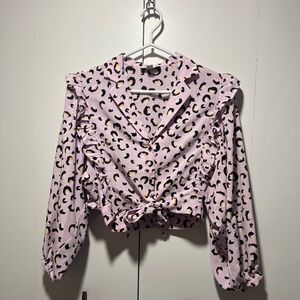 Topshop - Pink Ruffled Balloon Sleeve Crop Blouse - XS